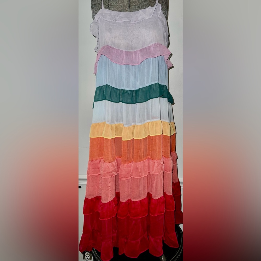 Storia Rainbow Tiered Ruffle Color Me Pretty Summer Sun Pride Dress Size Medium